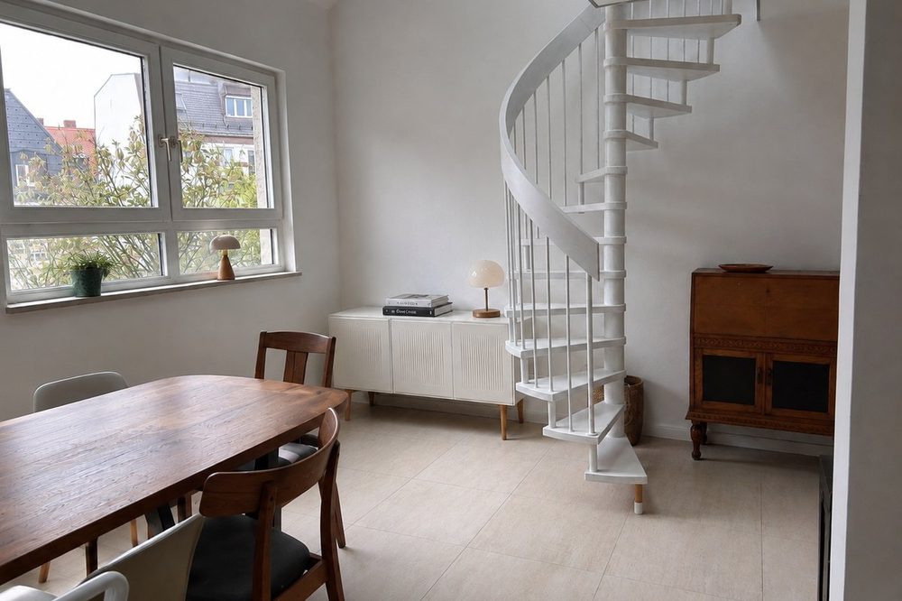 Essbereich mit Wendeltreppe nach der Sanierung