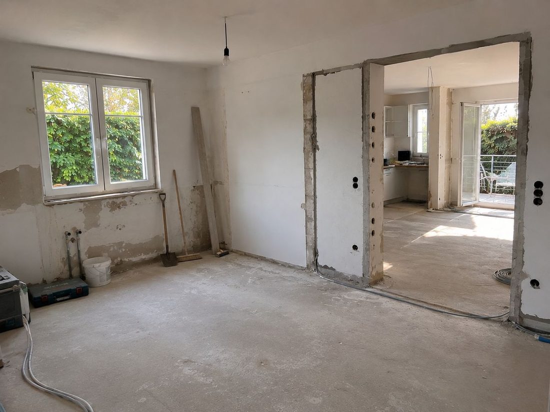 Wohnzimmer im Rohbauzustand während der Sanierung